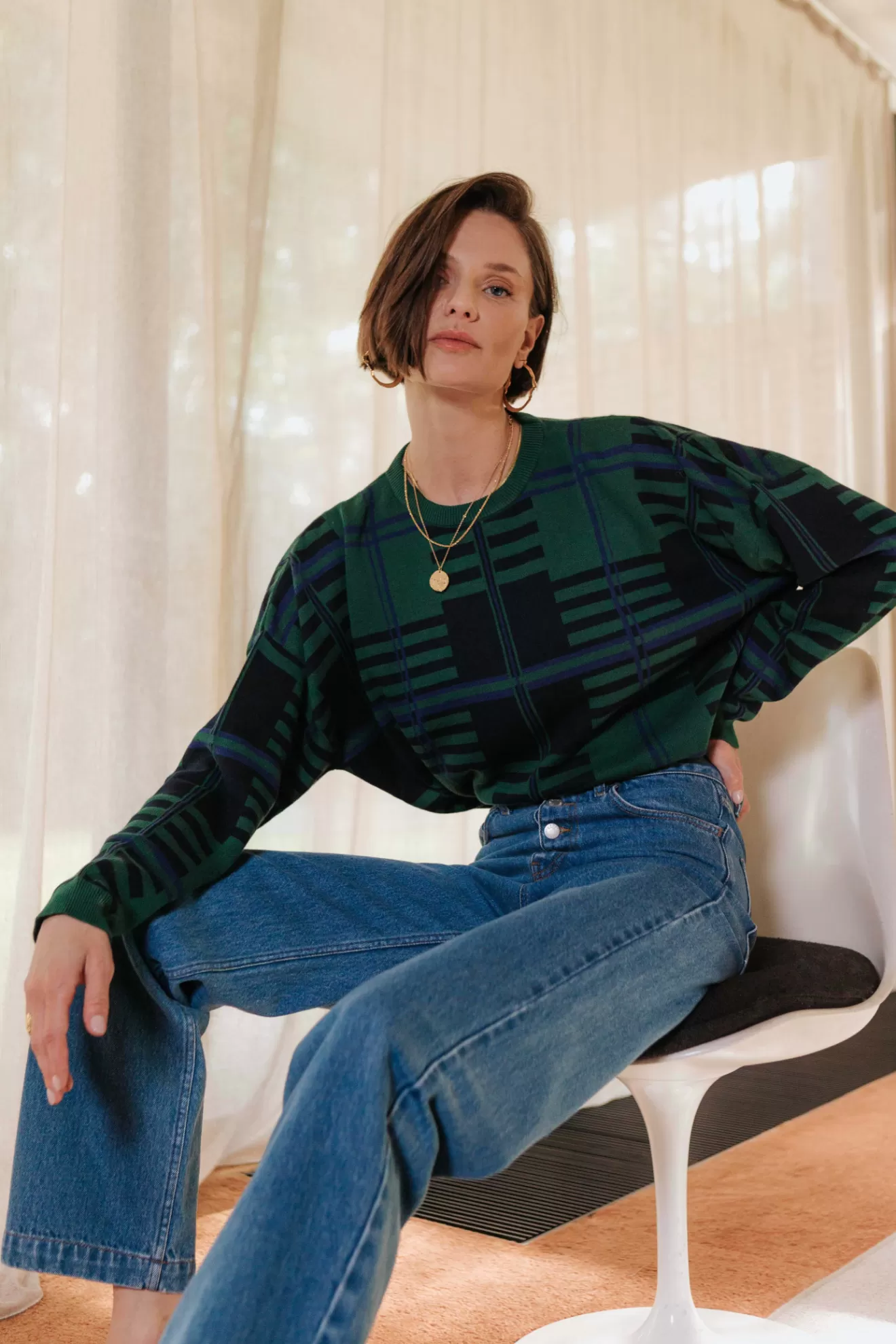Clearance Orta Pull Jane carreaux bleu et vert